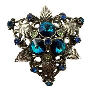 Flower Aurora & Blue Rivoli Vintage Silver Brooch Pin 1918